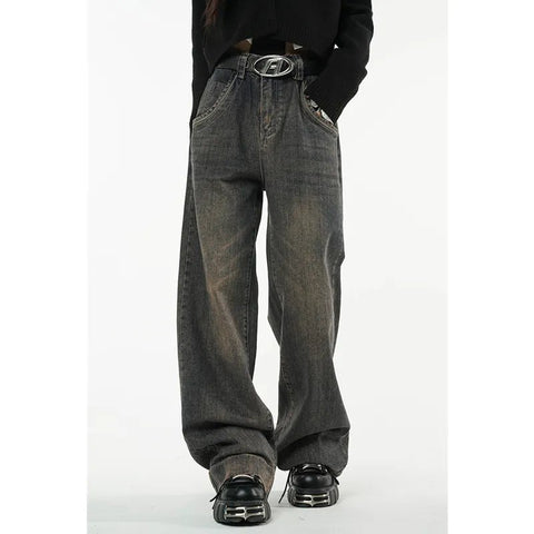 Jeans Women Vintage Dark Blue High Waist Straight Baggy Wide Leg American Streetwear Denim Trousers