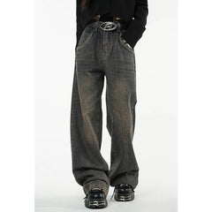 Women's Vintage Dark Blue Jeans High Waist Jeans American Streetwear Fashion Wide Leg Trousers Straight Baggy Denim Pants