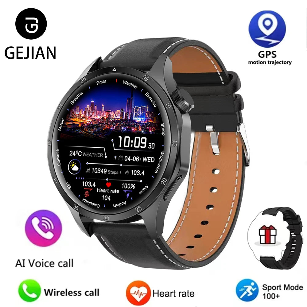 Smartwatch with brown leather strap and various features displayed on screen, branded 'GEJIAN'.