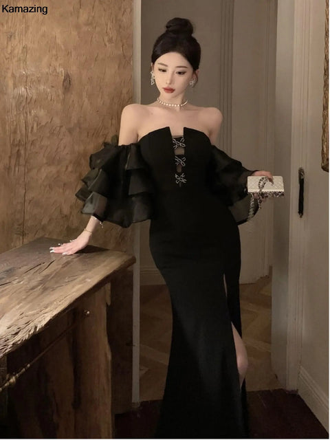 New Fashion Sexy Black Wedding Party Prom Dresses Elegant Slim Waist Side Split Spring Summer Off Shoulder Dress