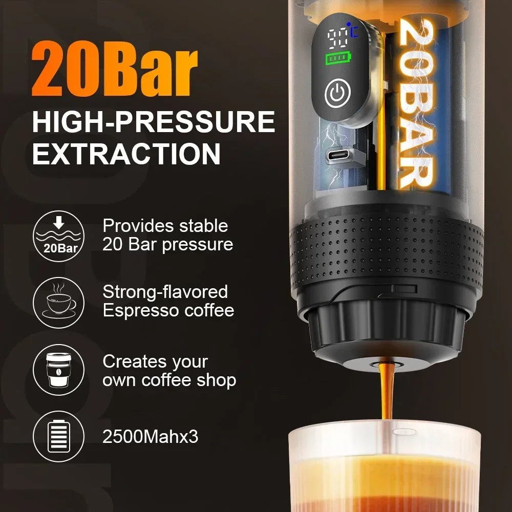 Coffee extraction device with 20Bar high-pressure extraction on a dark background