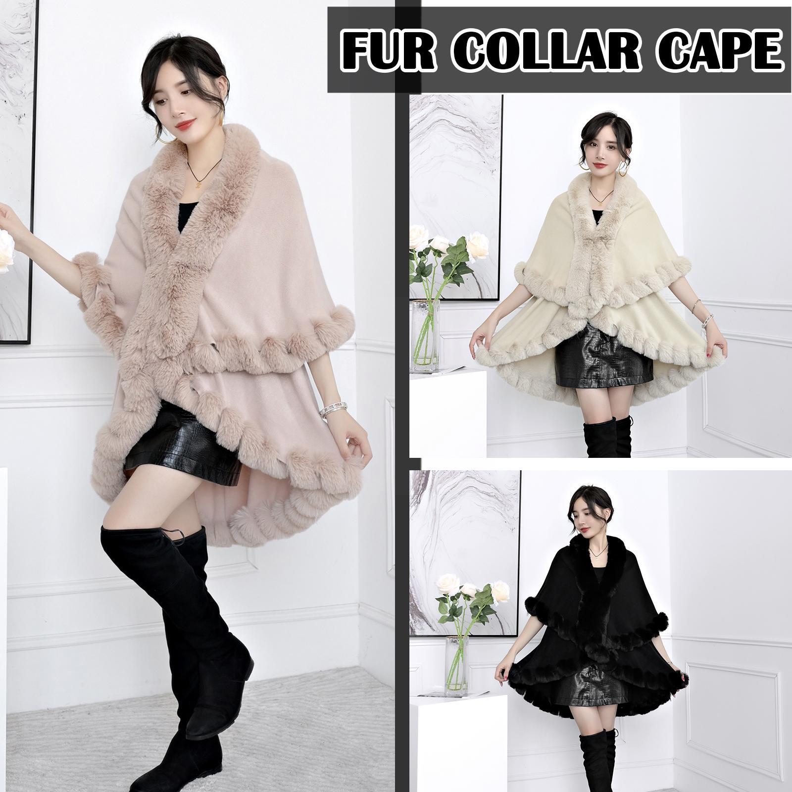 Faux Fur Collar Poncho Knitted Shawl Women's Fur Cloak Knitted Decor Balls Cardigan Shawl