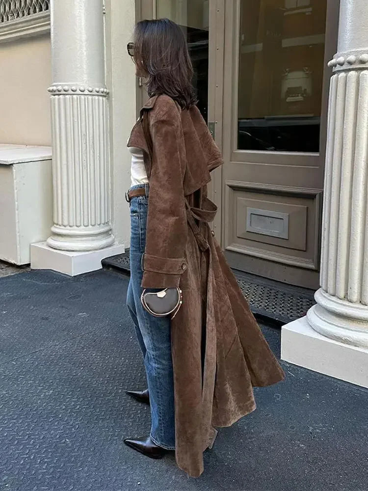 Elegant Suede Long Coat w/ Belt Double Button Lapel Windbreaker Coat New Fashion Oversized High Quality Jacket