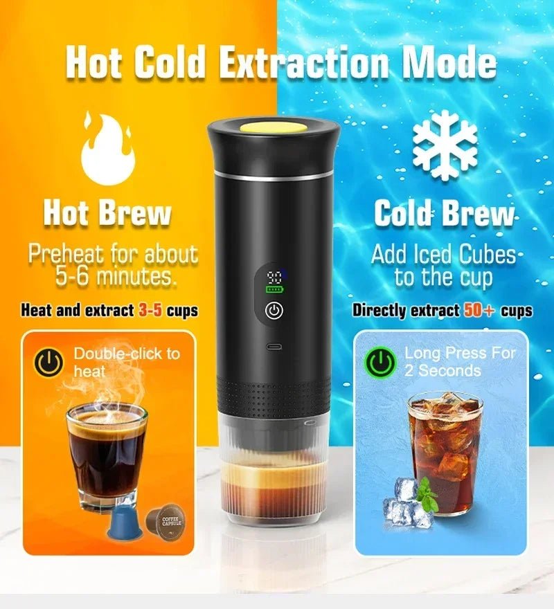 Black coffee maker with brewing modes for hot and cold brew on an orange and blue background