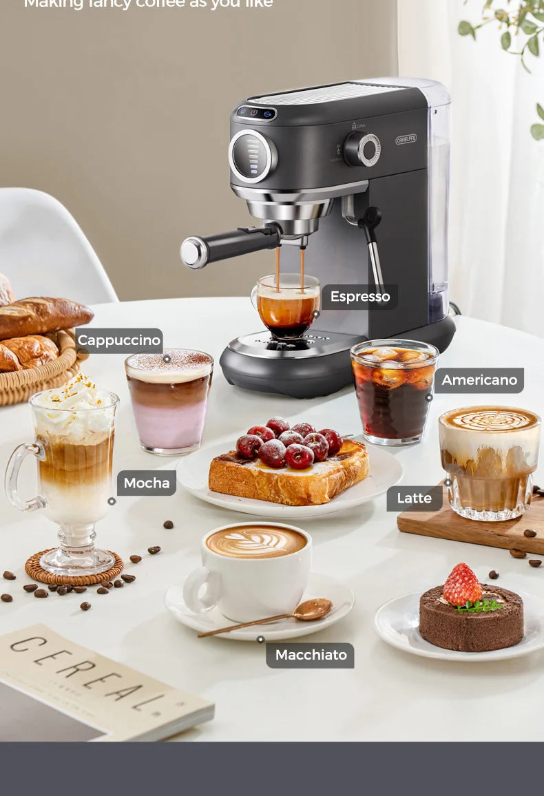 Espresso machine with various coffee drinks and desserts on a table.