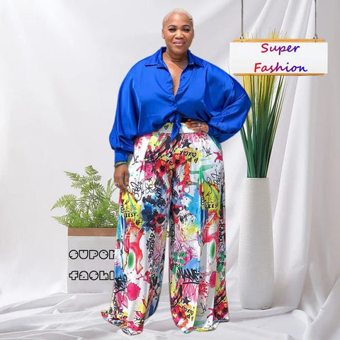 Pant Set Women Plus Size 2-Piece Long Sleeve Top Wide Leg Pants Casual Matching Suit Outfit