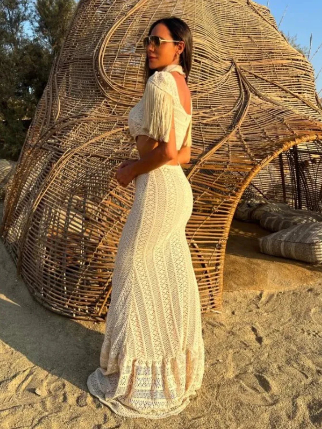 Sexy White Lace Dress Turtleneck Tassel Sleeve Slim Hollow Out Waist Long Dress Spring Summer Beach Maxi Dress