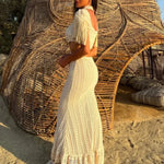 Sexy White Lace Dress Turtleneck Tassel Sleeve Slim Hollow Out Waist Long Dress Spring Summer Beach Maxi Dress