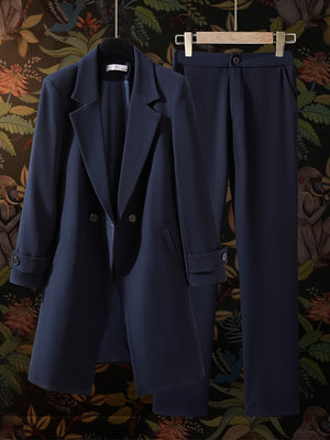 2 Piece Long Formal Blazer Set Long Formal Female Office Ladies Jacket and Trouser Work Business Wear Pant Suit