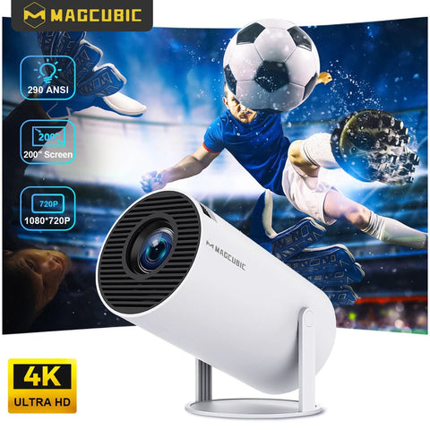 White camera projector with MAGCUBIC branding in front of a soccer-themed background
