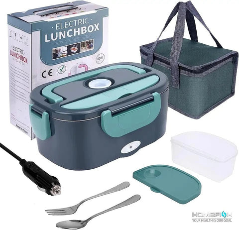Electric lunchbox with accessories, including a power cable, utensils, and a carrying bag, on a white background.