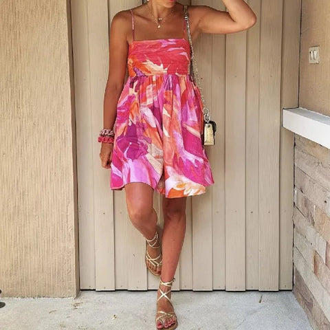 Mini Dress Women Flower Print Slash Collar Ruched Chest Sling Backless Boho Casual Summer Dress