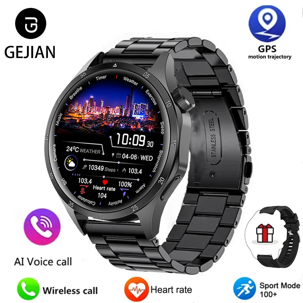 Black smartwatch with digital display on a white background, featuring GEJIAN branding and various watch functions.