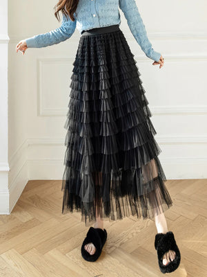 Women's Layered Ruffles Mesh Sheet Midi Long A Line Skirt Puffy Cake Elegant Vintage Elastic Waist Tulle Skirt