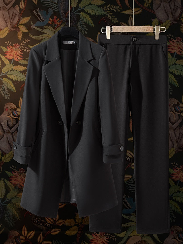 2 Piece Long Formal Blazer Set Long Formal Female Office Ladies Jacket and Trouser Work Business Wear Pant Suit