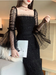 New Boutique Designer Mesh Stretch Lace Dress for Women Flare Long Sleeve Elegant Party Wedding Guest Prom Dress