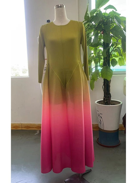 Gradient Pleated Maxi Dress Women Elegant Luxury Full Sleeve Folded Party Fashion Dress