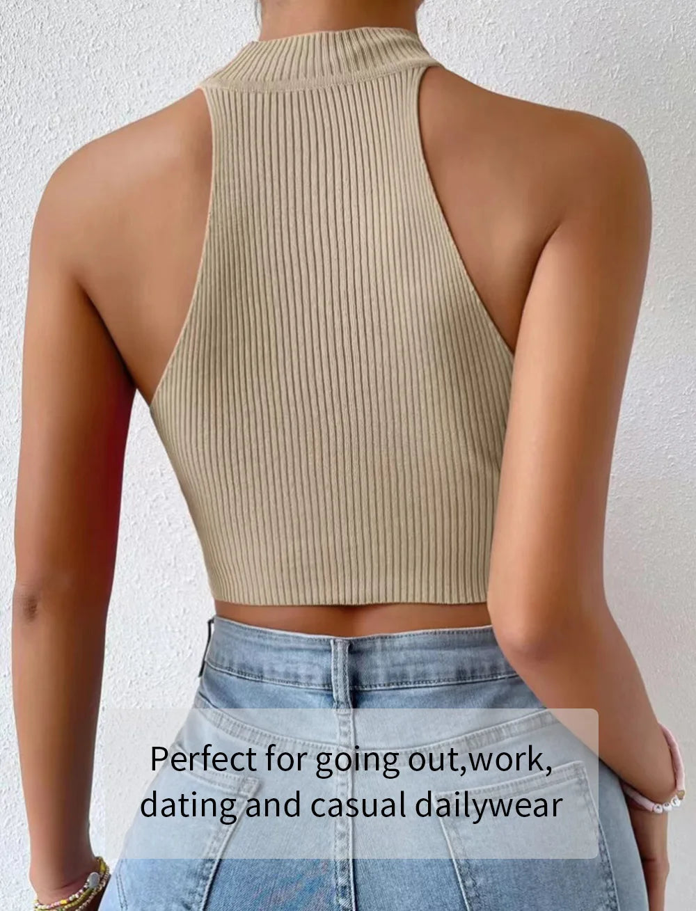 Sleeveless Knit Crop Top for Women Basic Solid Slim Fitted Halter Top Turtleneck Ribbed Vest Y2K High Neck Tops