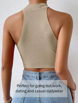 Sleeveless Knit Crop Top for Women Basic Solid Slim Fitted Halter Top Turtleneck Ribbed Vest Y2K High Neck Tops