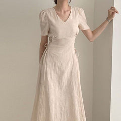 Cotton Linen Summer Midi Dress for Women Slim Waist A Line Vintage Cute Dress