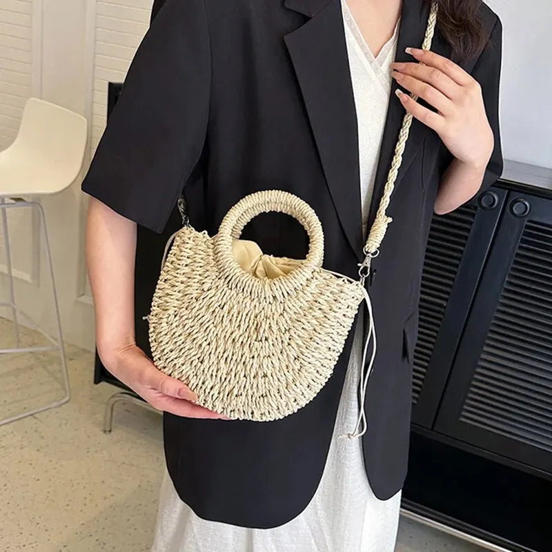 Handwoven Straw Purse Rattan Half-Moon Beach Handbag Large Capacity Women Summer Hollow Out Crossbody Shoulder Bag