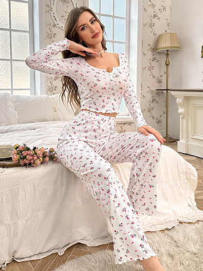 Floral Print Long-Sleeve Pajama Pant Set Nightwear