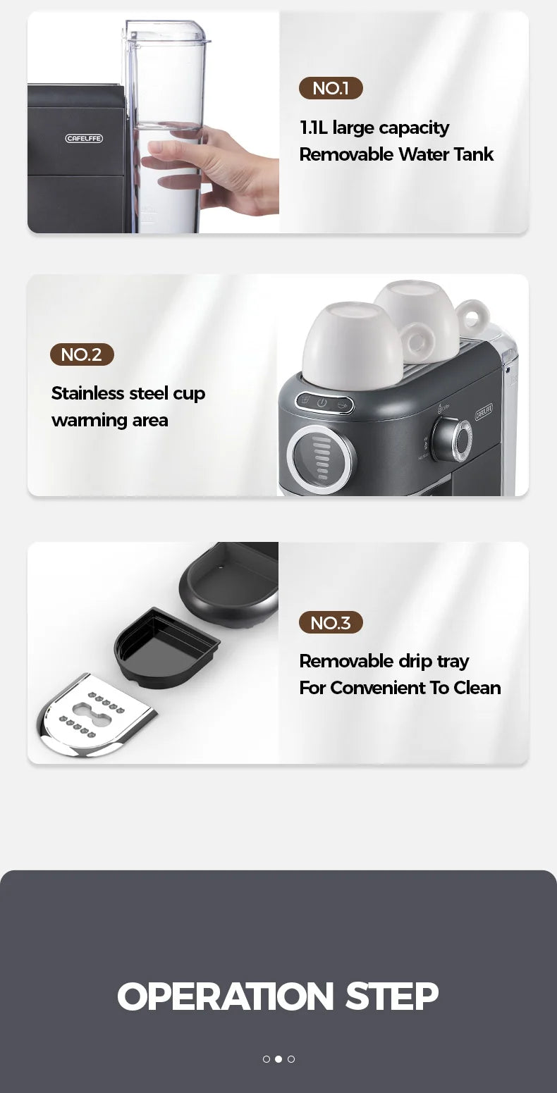 Product display with a portable coffee maker, emphasizing features like large capacity, warming area, and removable parts.