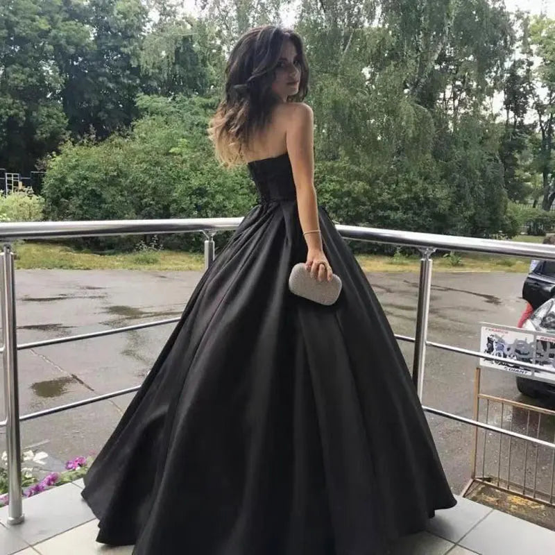 Timeless Black Satin Strapless Ball Gown A-Line Prom Dress