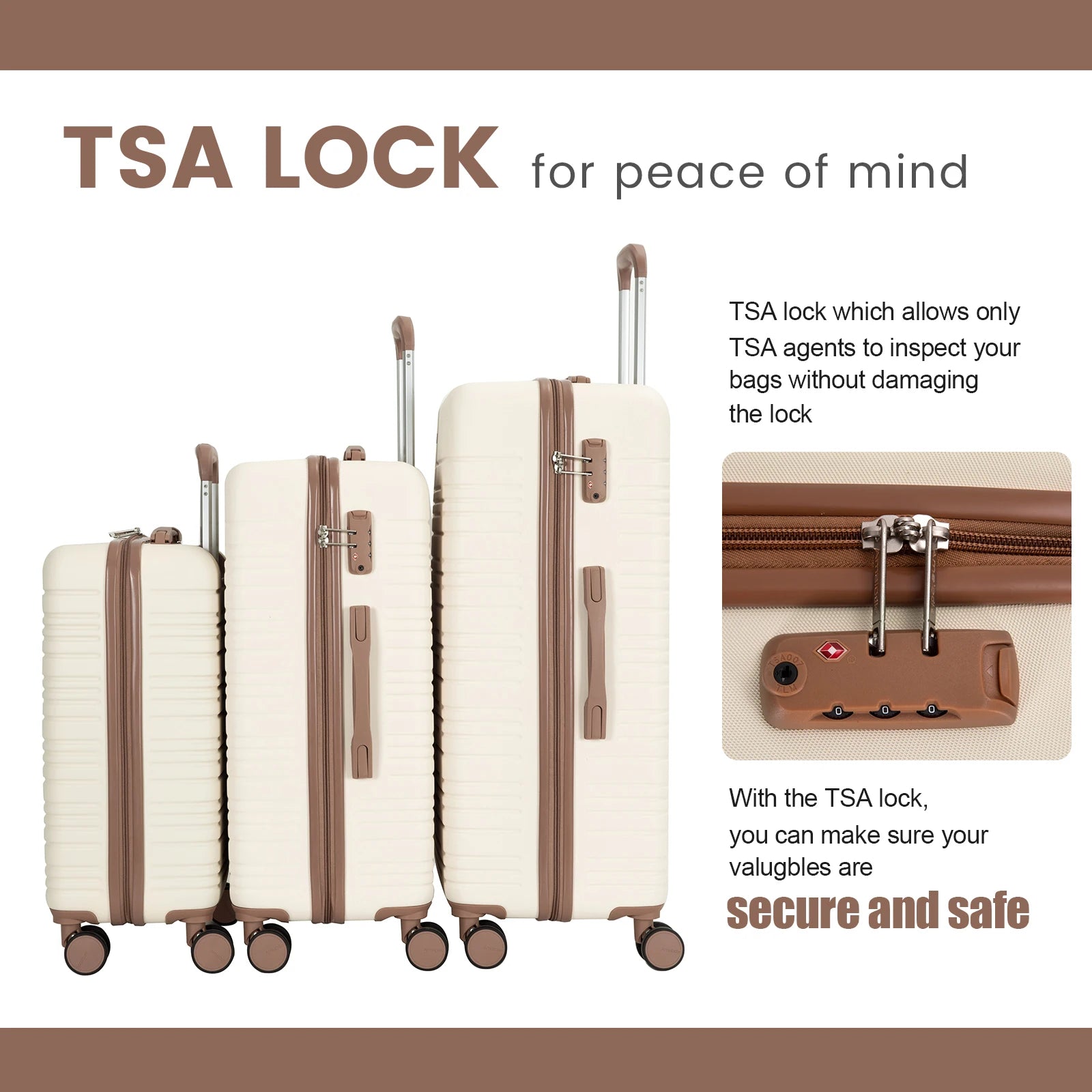 Set of beige suitcases with TSA lock feature on a white background