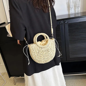 Handwoven Straw Purse Rattan Half-Moon Beach Handbag Large Capacity Women Summer Hollow Out Crossbody Shoulder Bag