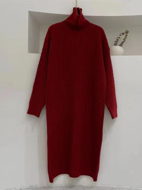High Collar Sweater Dress Women Casual Loose Thick Warm Long Knit Winter Fashion Dress