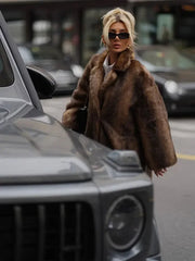Luxurious Brown Long Faux Fur Coat Single Breasted  Fluffy Plush Warm Winter Overcoat
