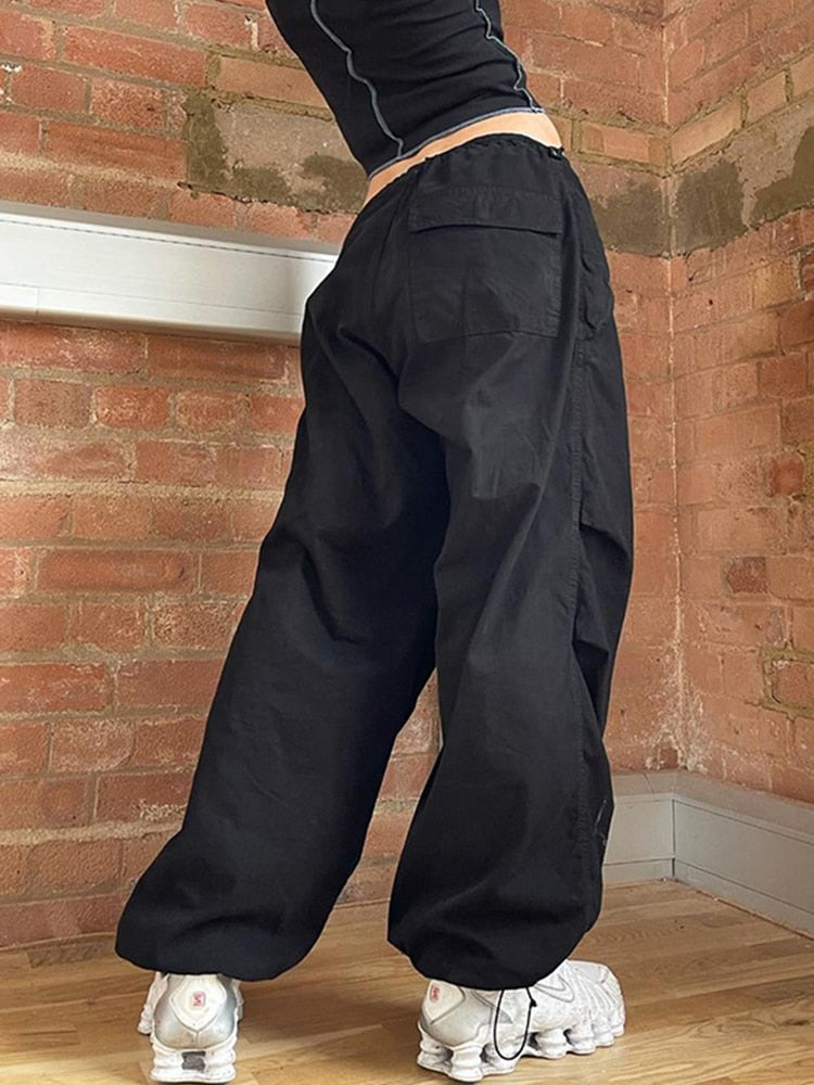 Loose Drawstring Low Waist Parachute Pants for Women Trousers Cargo Pants Loose Wide leg