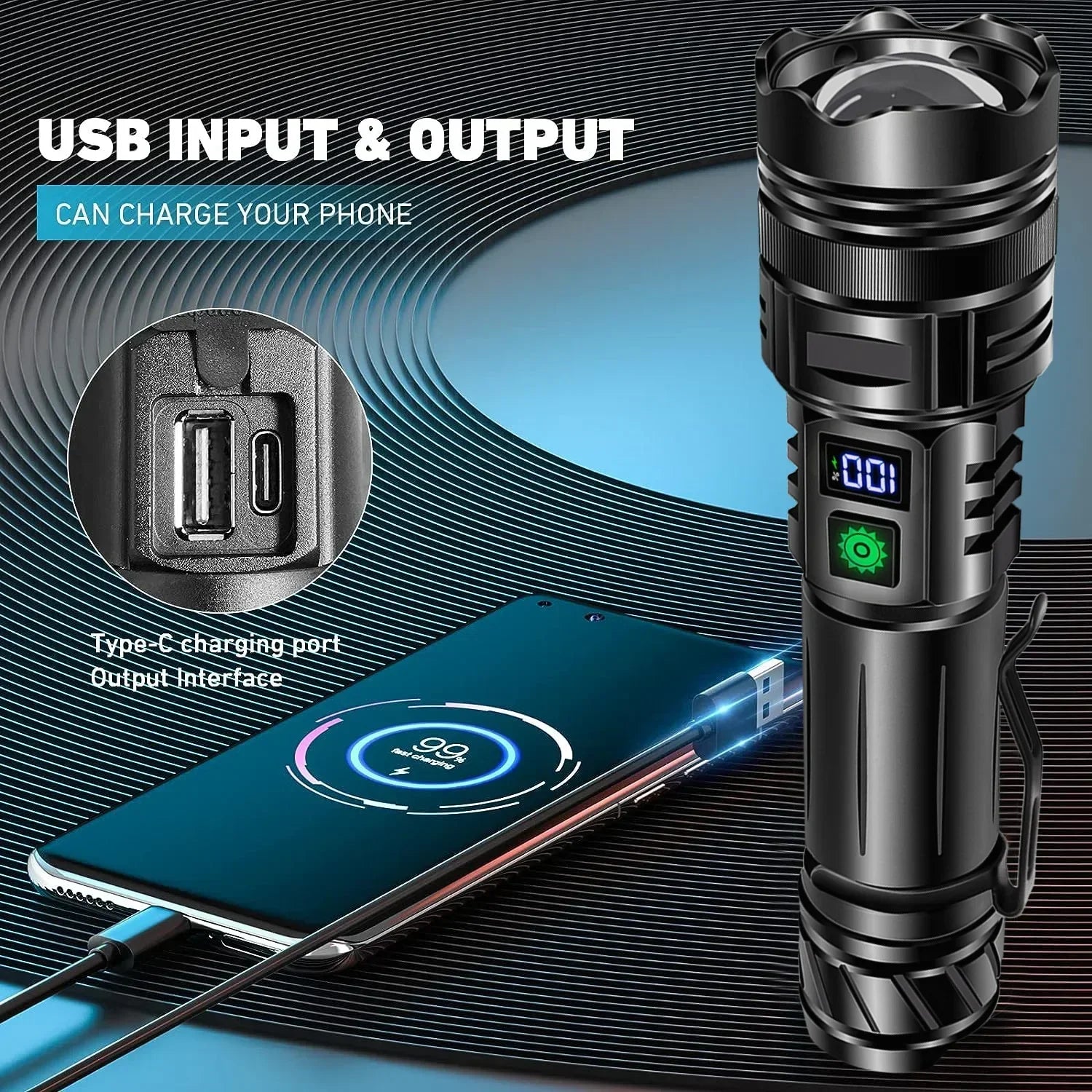 Black flashlight with USB input and output feature, charging a phone.