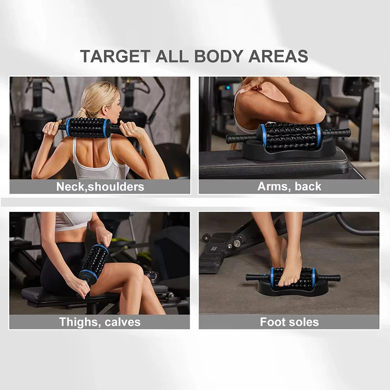 Person using a roller on different body parts with text indicating target areas.