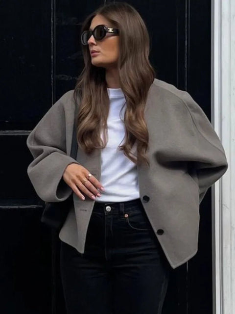 Jacket Women Chic Lantern Sleeve Single Breasted V-Neck Short Contemporary Office Streetwear Autumn Coat