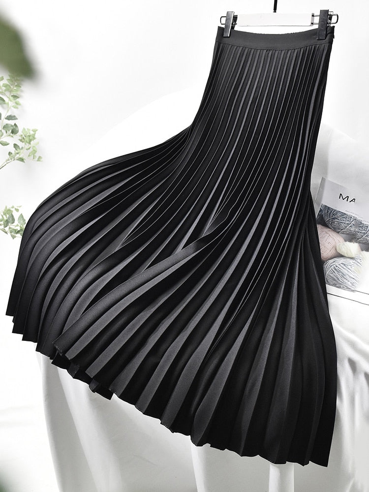 Women's Autumn Winter Spring Elegant Chic Solid Long Pleated Skirt High Waist with Chiffon Liner