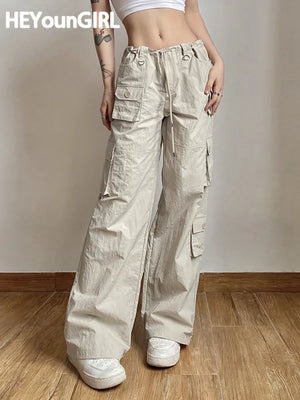 Low Waist Drawstring Pocket Patchwork Pants Women's Light Cargo Trousers with Wide Legs and Baggy Fit