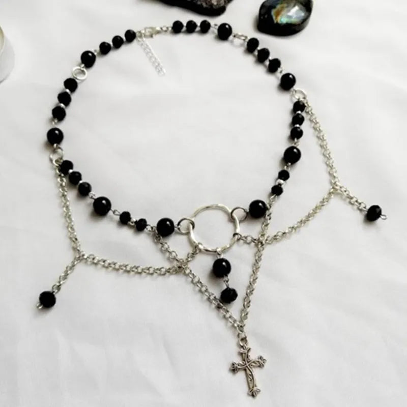 Black Angel Fairy Core Necklace Cross Charm Necklace Crystal Choker Onyx Jewelry Gemstones