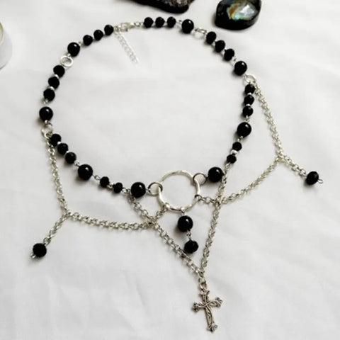 Black Angel Fairy Core Cross Charm Necklace Women Crystal Onyx Choker Fashion Jewelry Gift