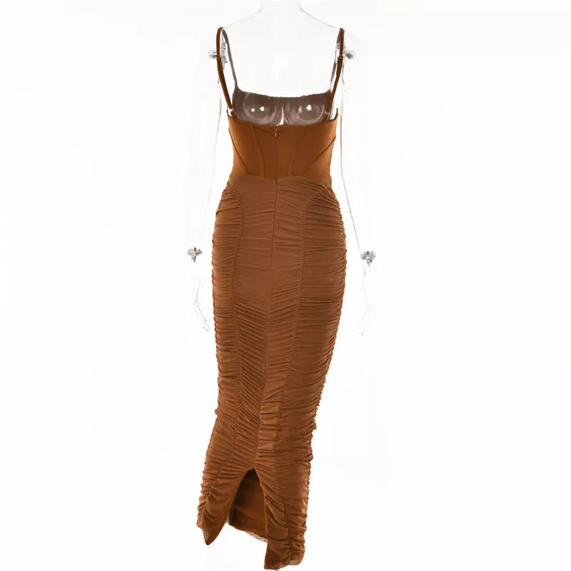 Elegant Corset Ruched Maxi Dress for Women Boutique Fashion Spaghetti Strap Backless Zipper Long Dress