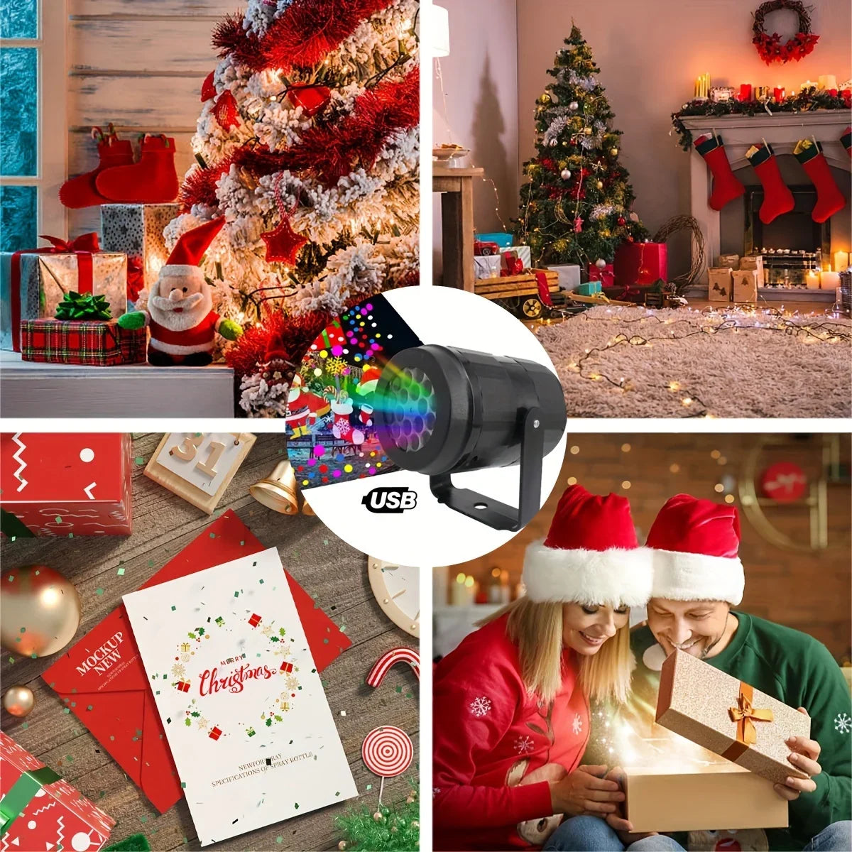 Collage of Christmas-themed items including a decorated tree, gift cards, and people with Santa hats.