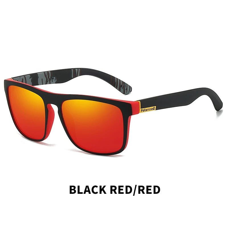 Sunglasses with black frame and red lenses on a white background