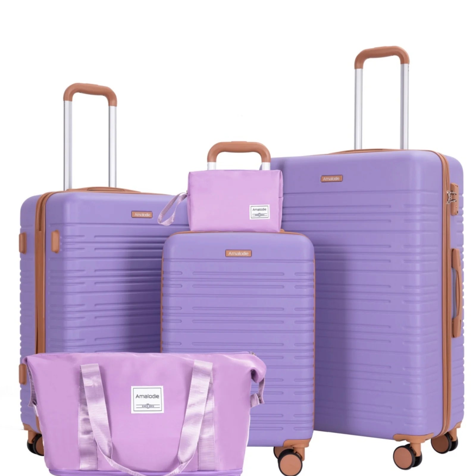 Set of purple suitcases and a matching tote bag on a white background