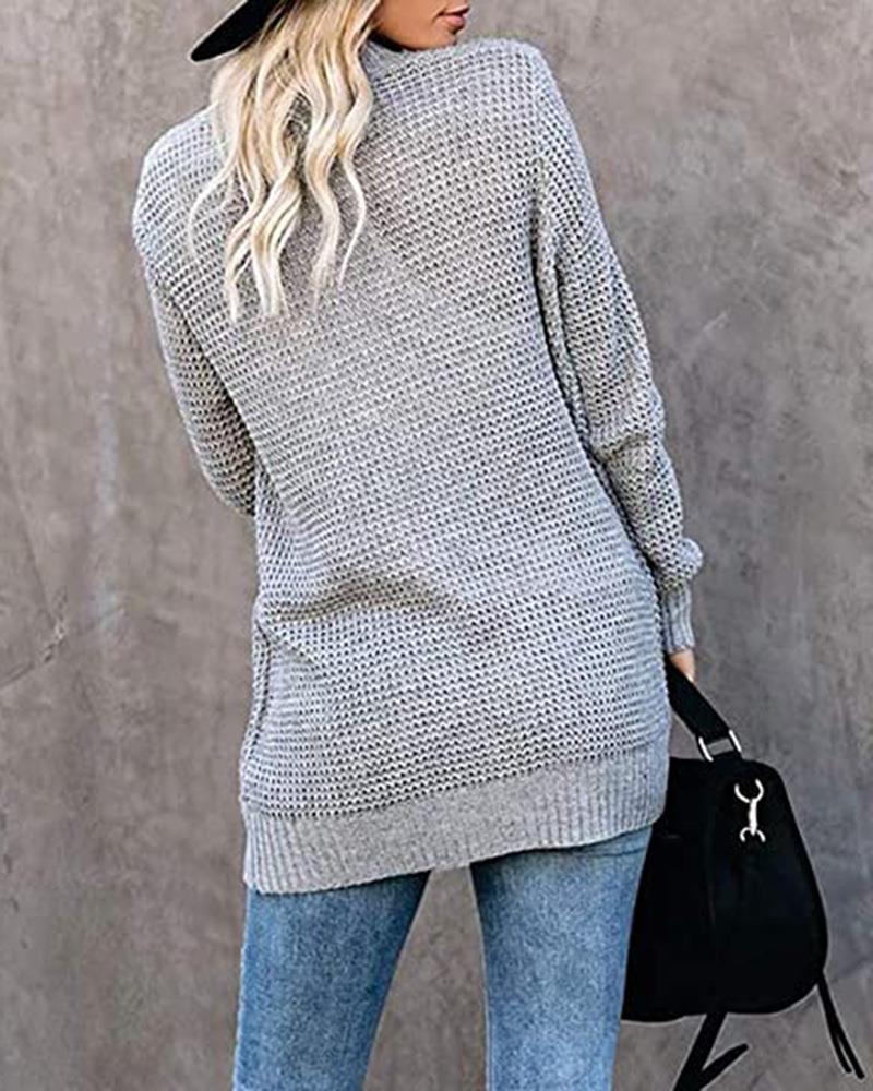 Women's Open Stitch Large Pocket Knitted Sweater Winter Warm Long Sleeve Sweaters