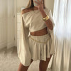 Vintage Skew Collar Long Sleeved Top+Shorts Beach Suit Sexy Asymmetric Navel Holiday Outfit Spring Summer Cotton Linen Skirt Set