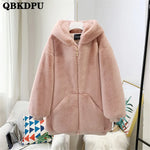 Women's Warm Thick Overcoat Faux Fur Coat Hooded Fleece Jacket with Zipper and Pockets