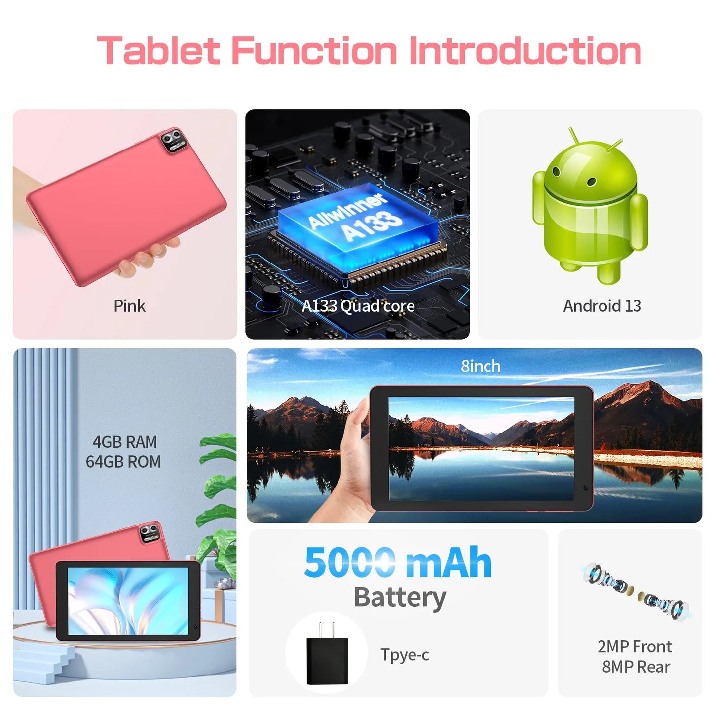 8-Inch Tablet Android 13, 8GB(4+4 Expand) RAM 64GB ROM, 1TB Expansion, 1280x800 IPS Screen 5000MAH Battery, Dual Camera, WiFi Parental Controls Great gift for Kids