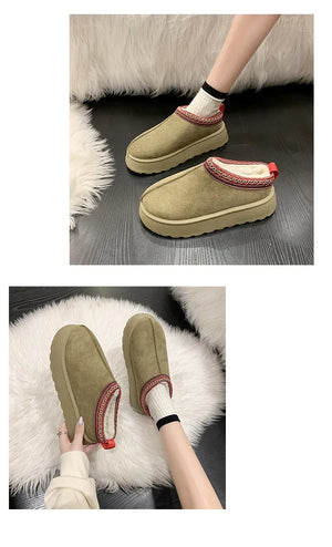 Warm Plush Interior Winter Shoes for Women Winter New Cashmere Warm Thick Sole Low Boot Half Slipper Shoe w/ Fur Lining