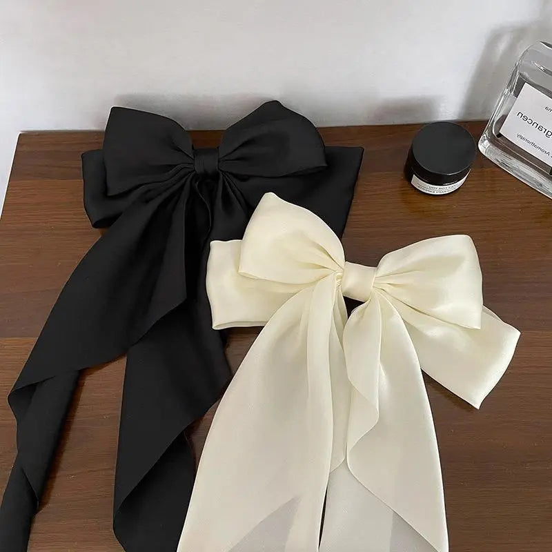 Elegant Bow Ribbon Hair Clip Fashion Simple Solid Satin Spring Clip Hair Pin Retro Headband with Clips Hair Accessories